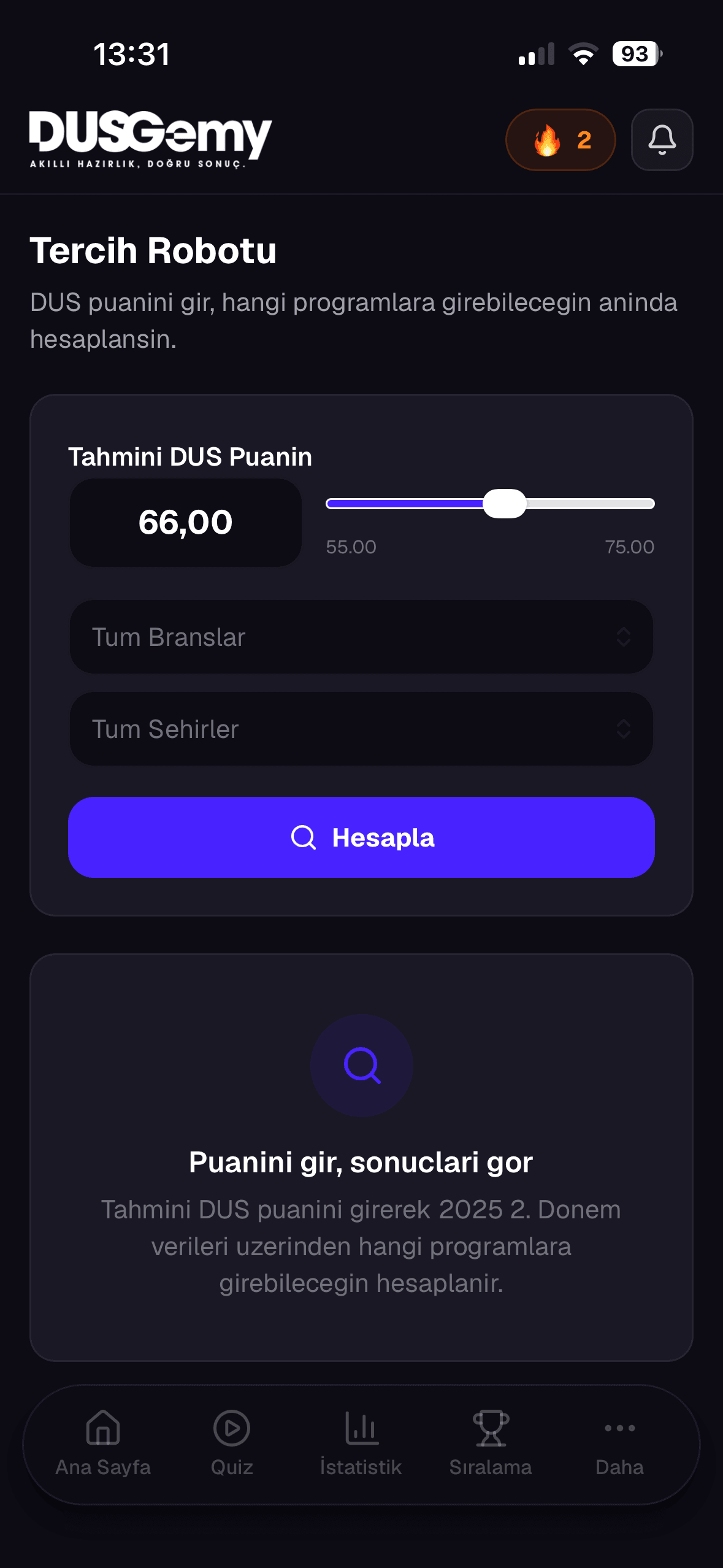 Tercih Robotu ekranı