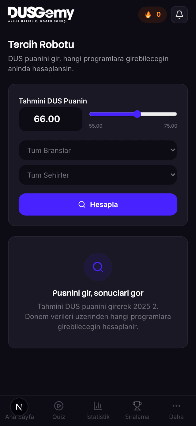 Tercih Robotu ekranı